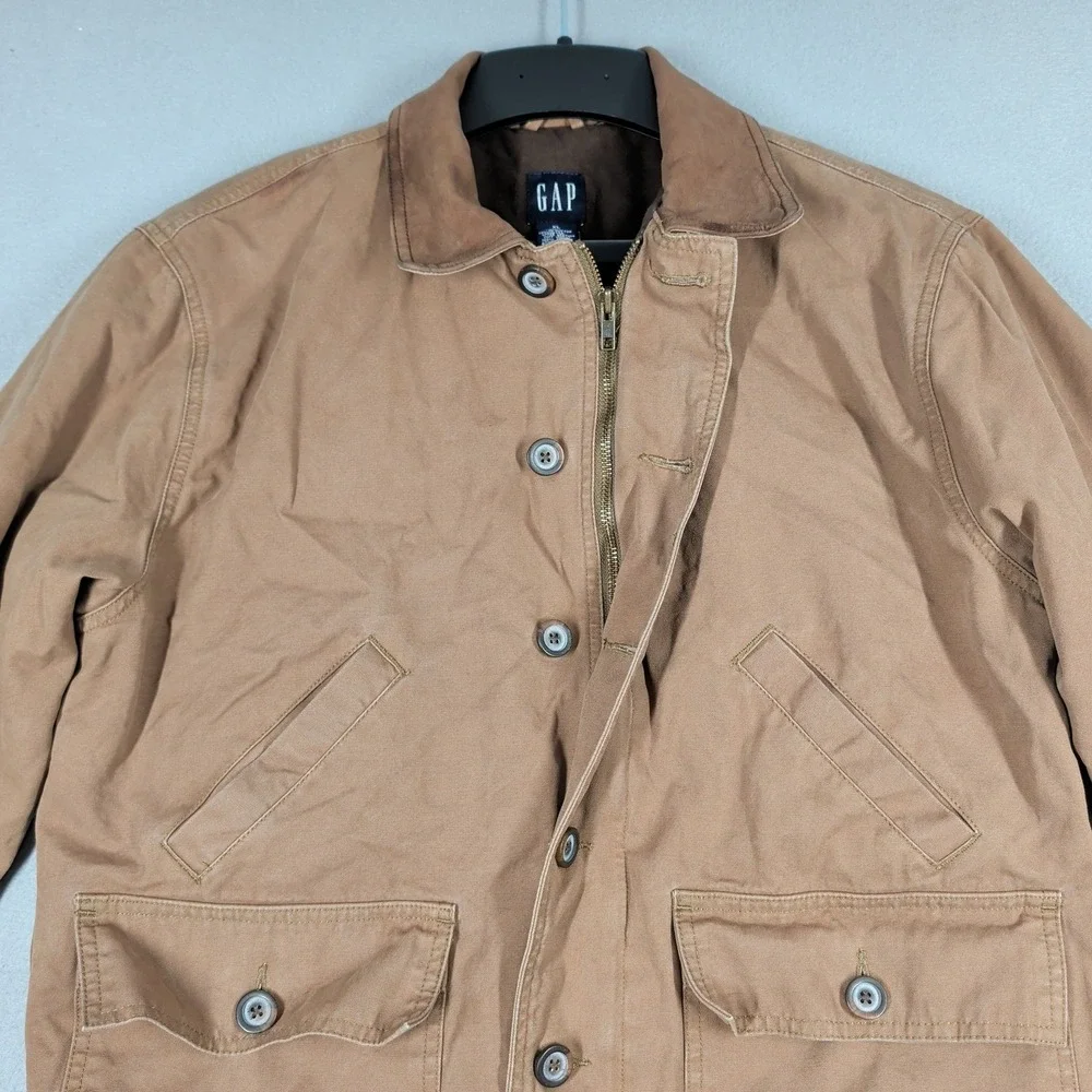 Gap Jacket Mens XL Brown Cotton Canvas Barn‎ Leather Collar Quilted Lining - Picture 9 of 13